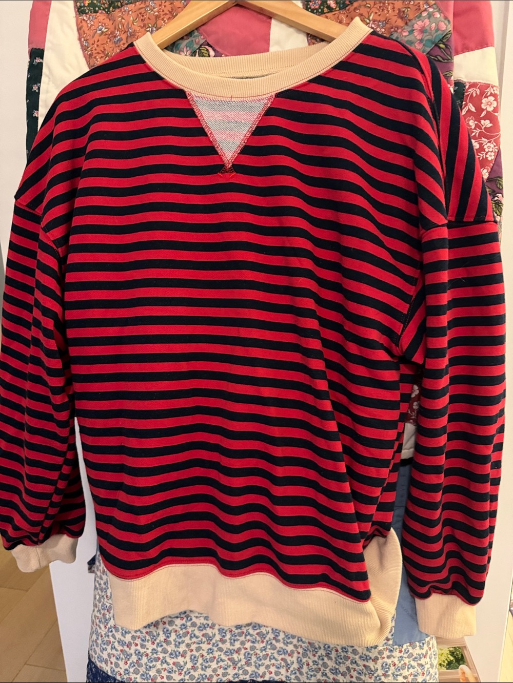 Amazon Red and Black Striped Crewneck Sweatshirt with Cream Trim